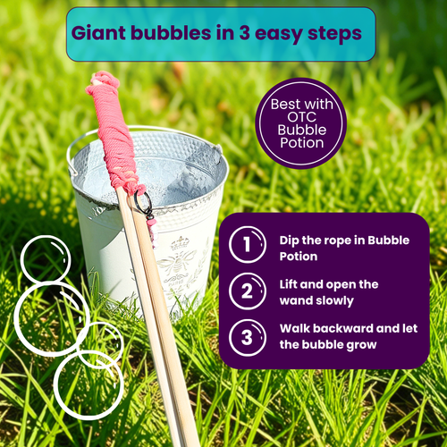 An instructional infographic showing 3 easy steps to make giant bubbles using a handmade bubble wand and bucket of One Two Celebrate bubble solution on green grass.